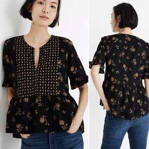 Madewell Black Floral Peplum Blouse